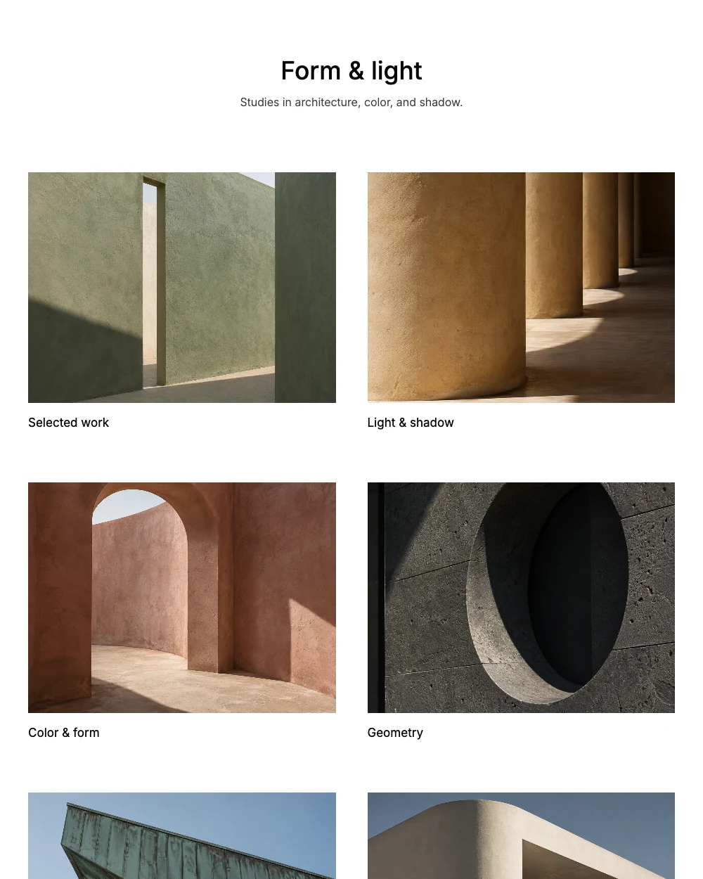 Minimal portfolio layout, showing its cover and galleries with architecture photographs