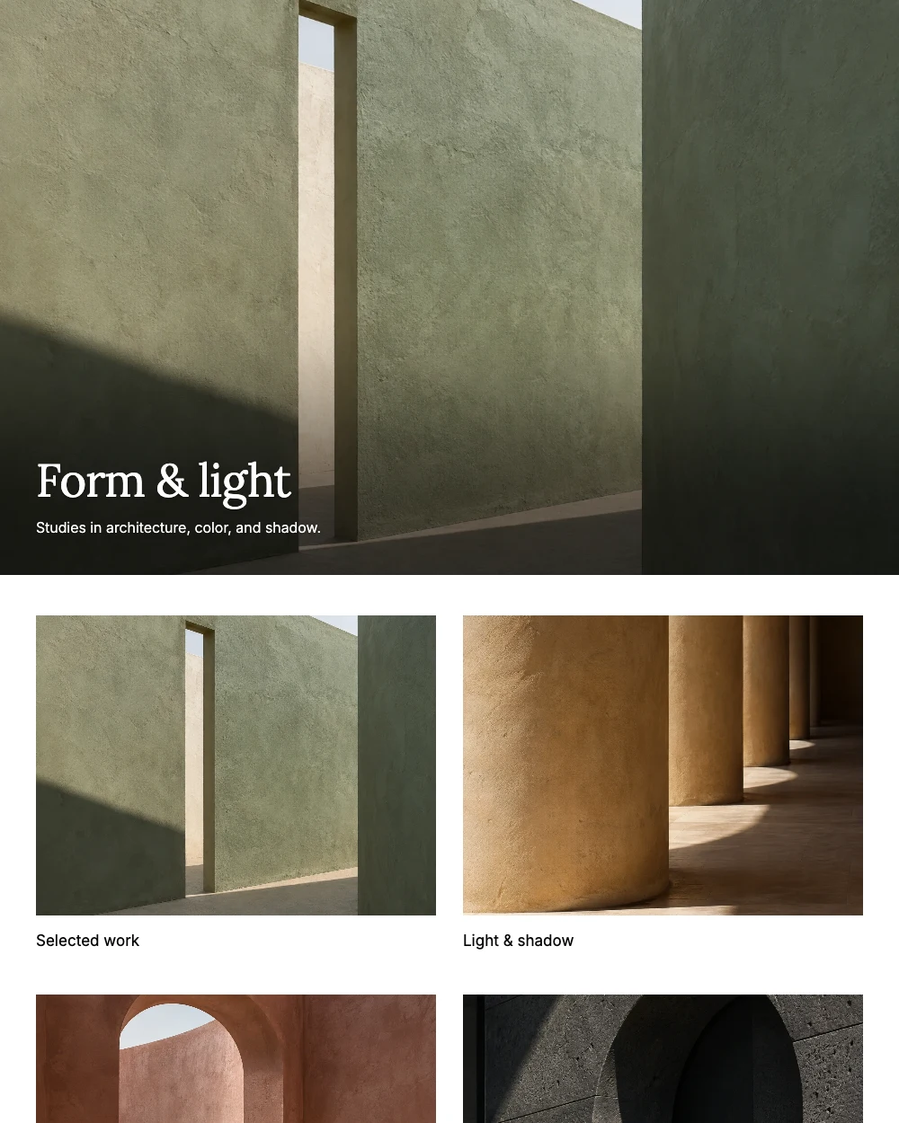 Editorial portfolio layout, showing its cover and galleries with architecture photographs