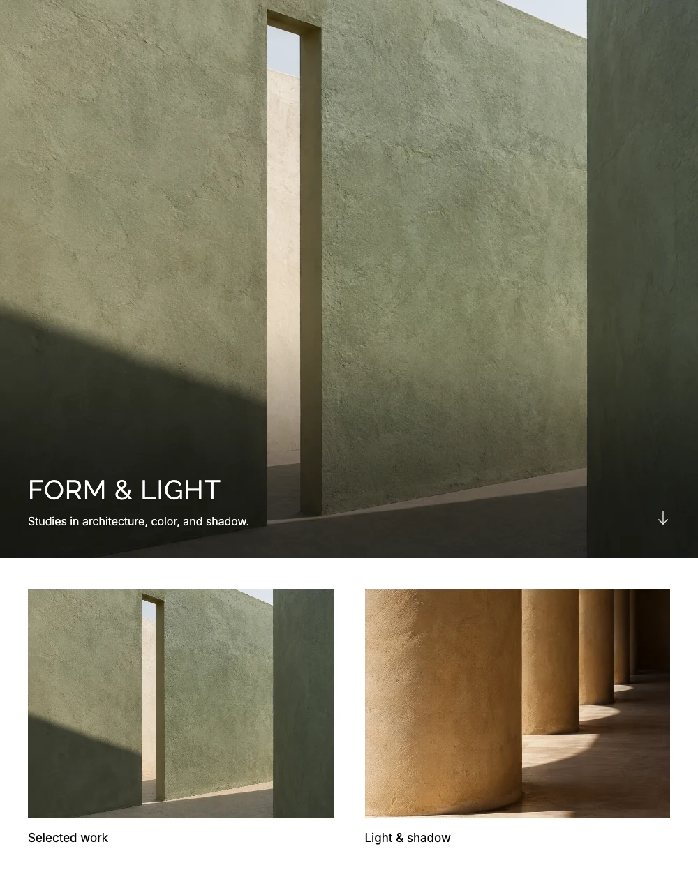 Monograph portfolio layout, showing its cover and galleries with architecture photographs