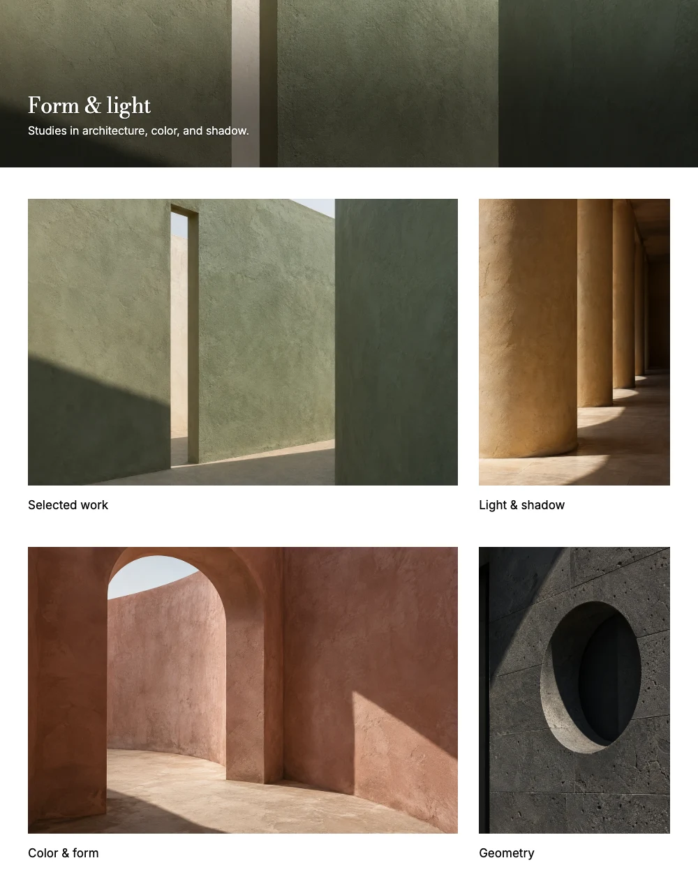 Panorama portfolio layout, showing its cover and galleries with architecture photographs