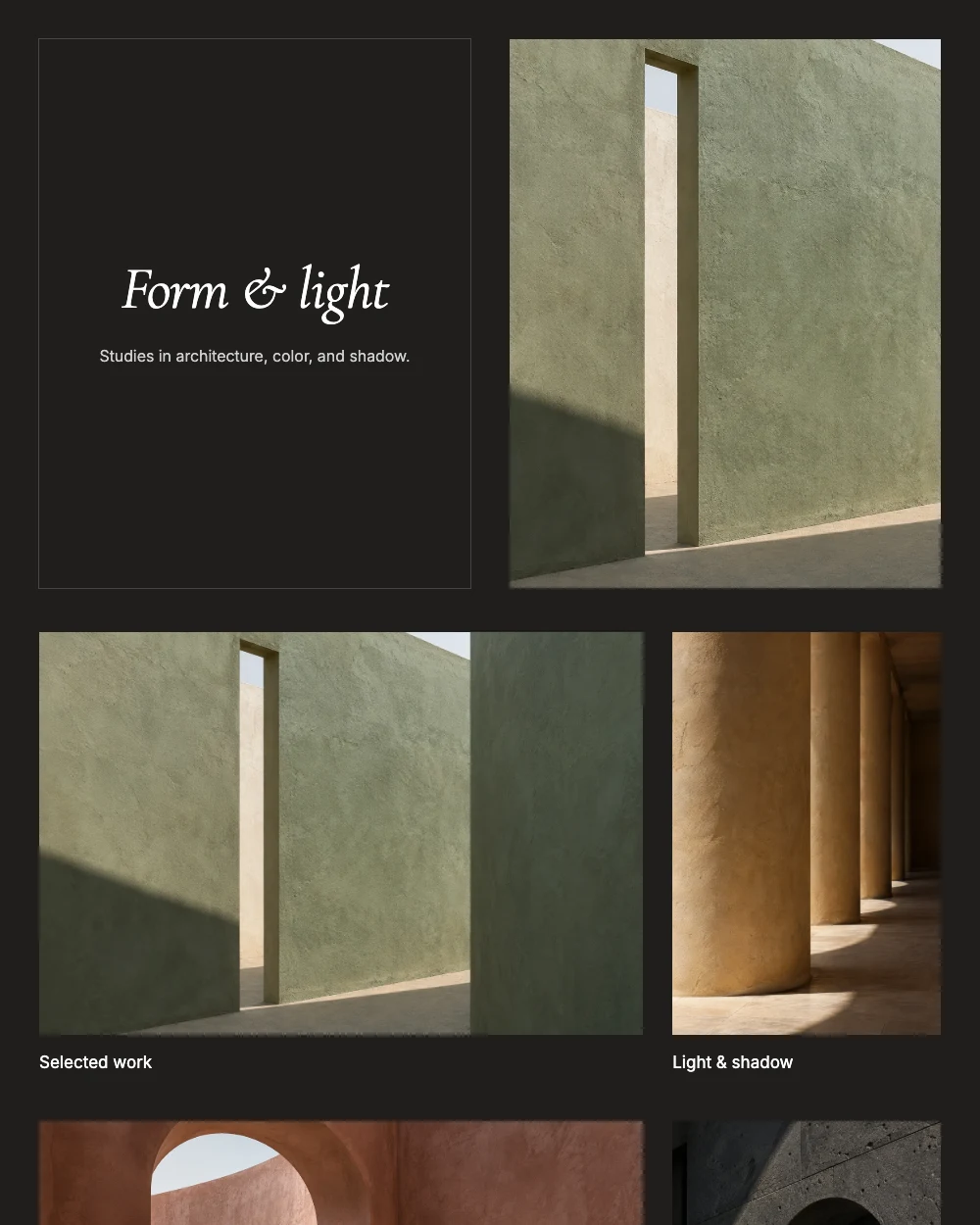 Split portfolio layout, showing its cover and galleries with architecture photographs