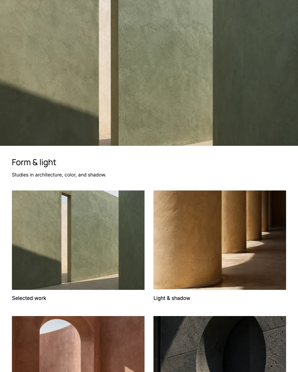 Showcase portfolio layout, showing its cover and galleries with architecture photographs