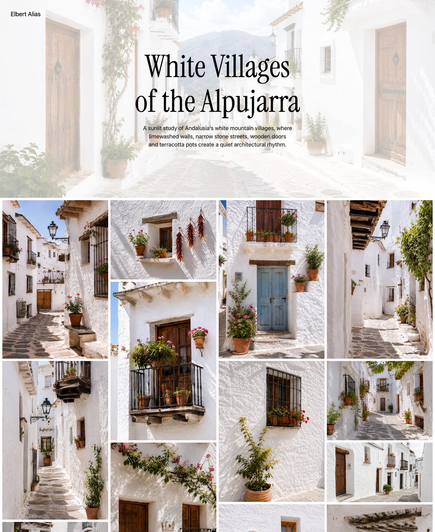 Example photography portfolio page with a white villages gallery
