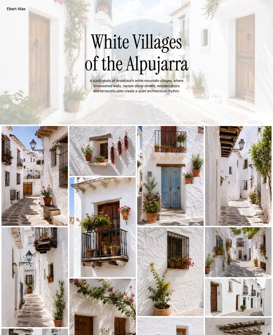 A travel gallery with a village cover and a sequence of architectural photographs