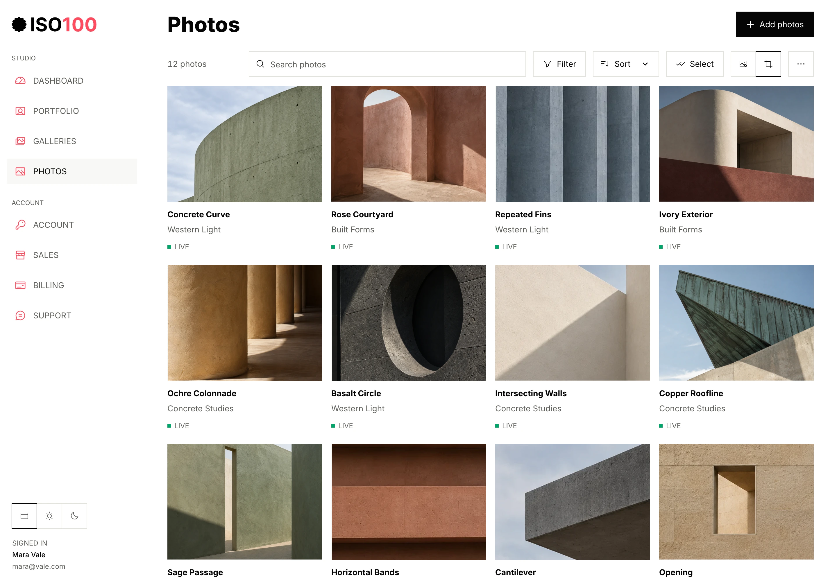 ISO100 Studio photo library showing twelve architectural photographs with live publishing status