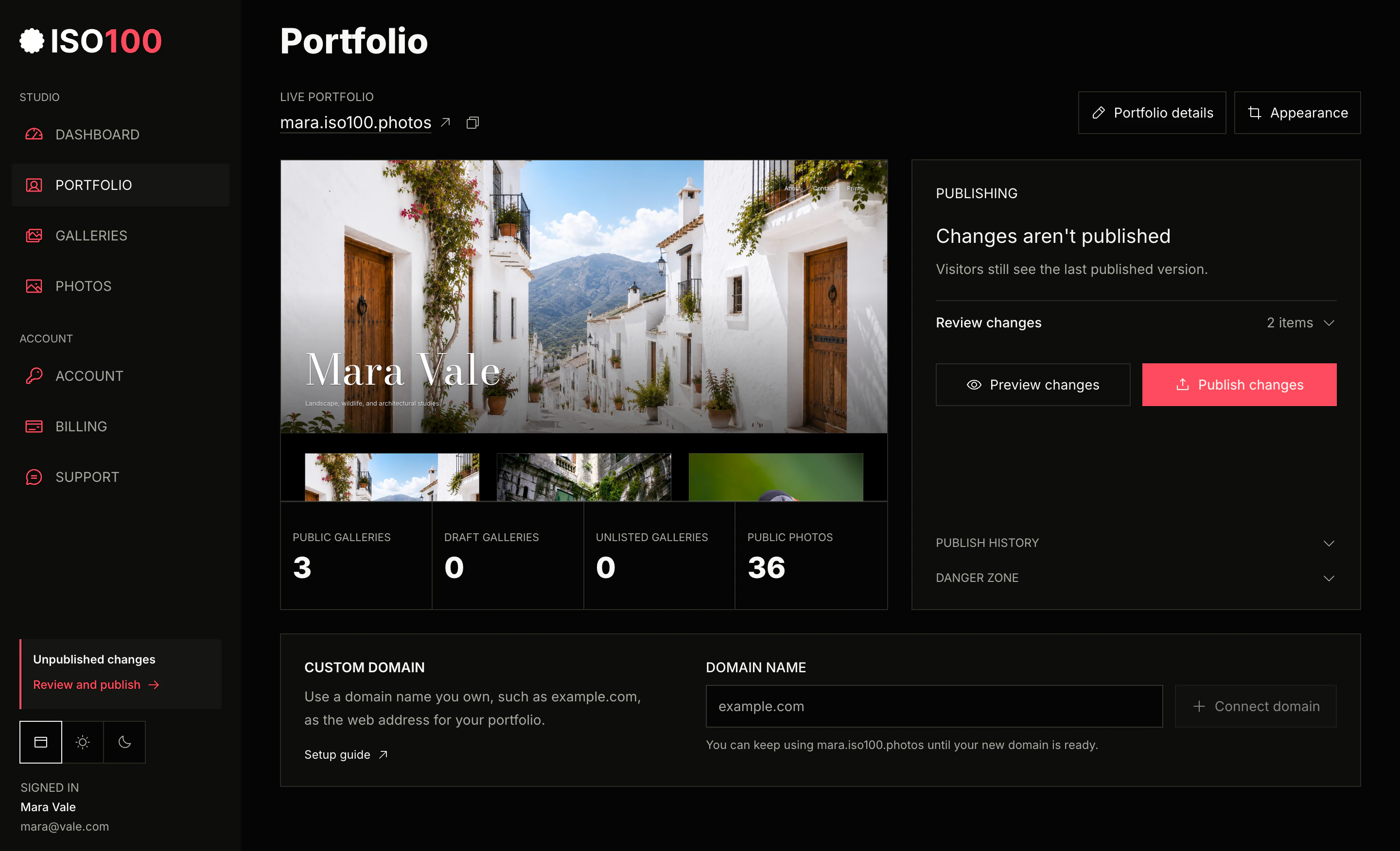 ISO100 Studio Portfolio screen showing a live portfolio preview and publishing controls
