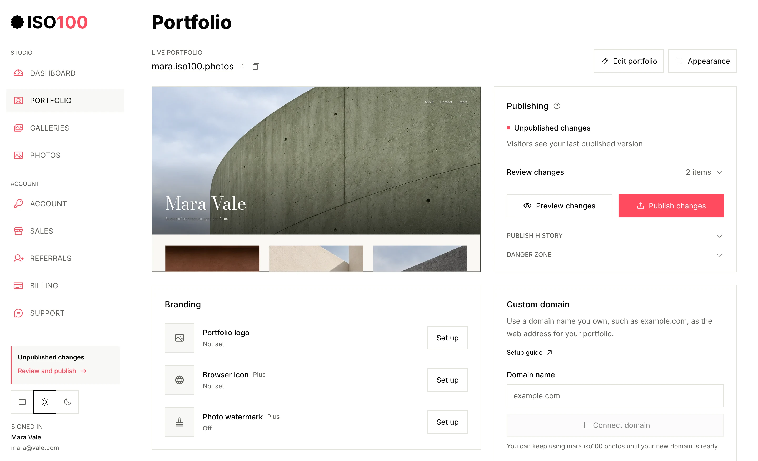 ISO100 Studio Portfolio screen showing a live portfolio preview and publishing controls