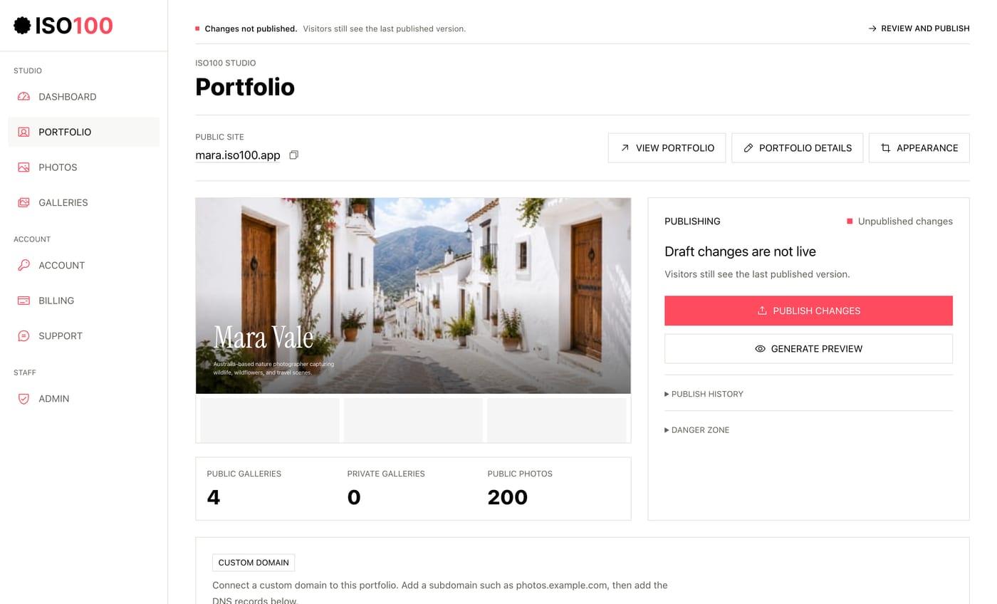 ISO100 Studio portfolio publishing screen with gallery preview and publish controls