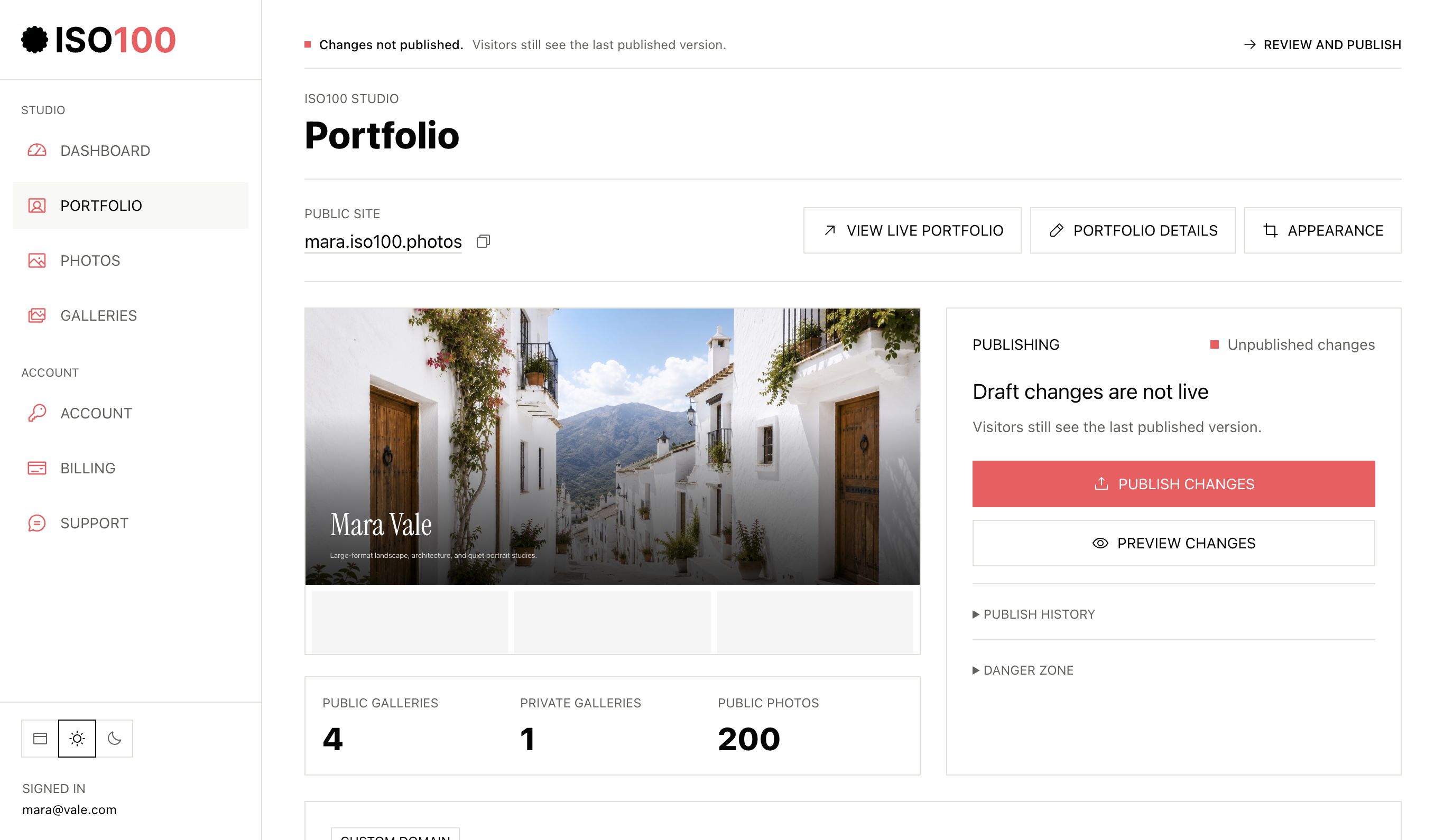 ISO100 Studio screen with gallery preview and publishing controls