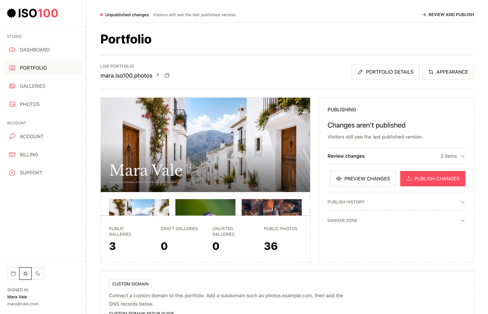 ISO100 Studio Portfolio screen showing a live portfolio preview and publishing controls