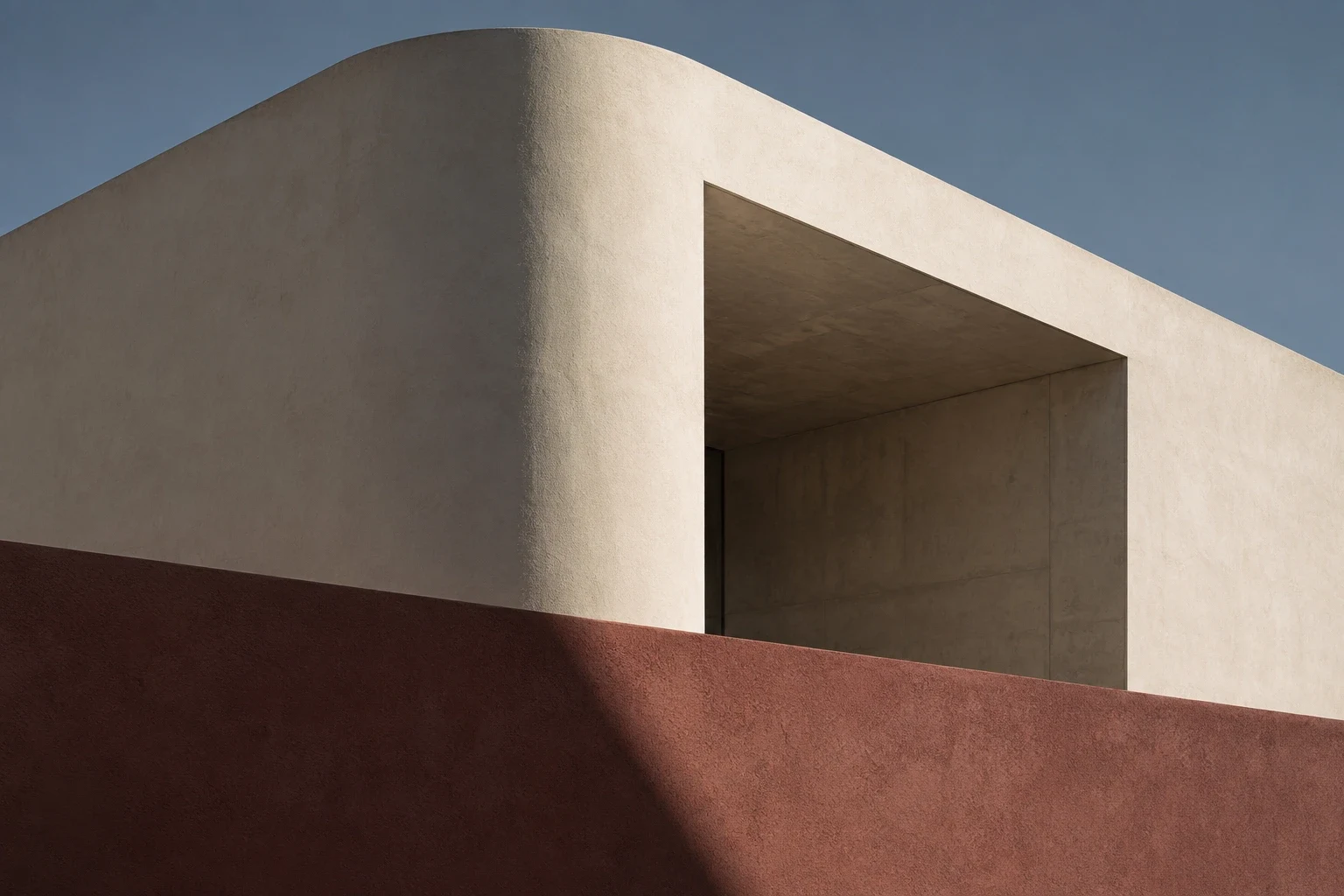 Rounded ivory facade and rectangular recess above a burgundy wall.